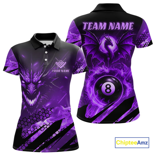 Personalized Purple Flame Dragon 8 Ball Billiard Shirt For Women, Pool Team Jersey Polo & 1/4 Zip TDM4401