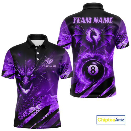 Personalized Purple Flame Dragon 8 Ball Billiard Shirt For Men, Pool Team Jersey Polo & 1/4 Zip TDM4401