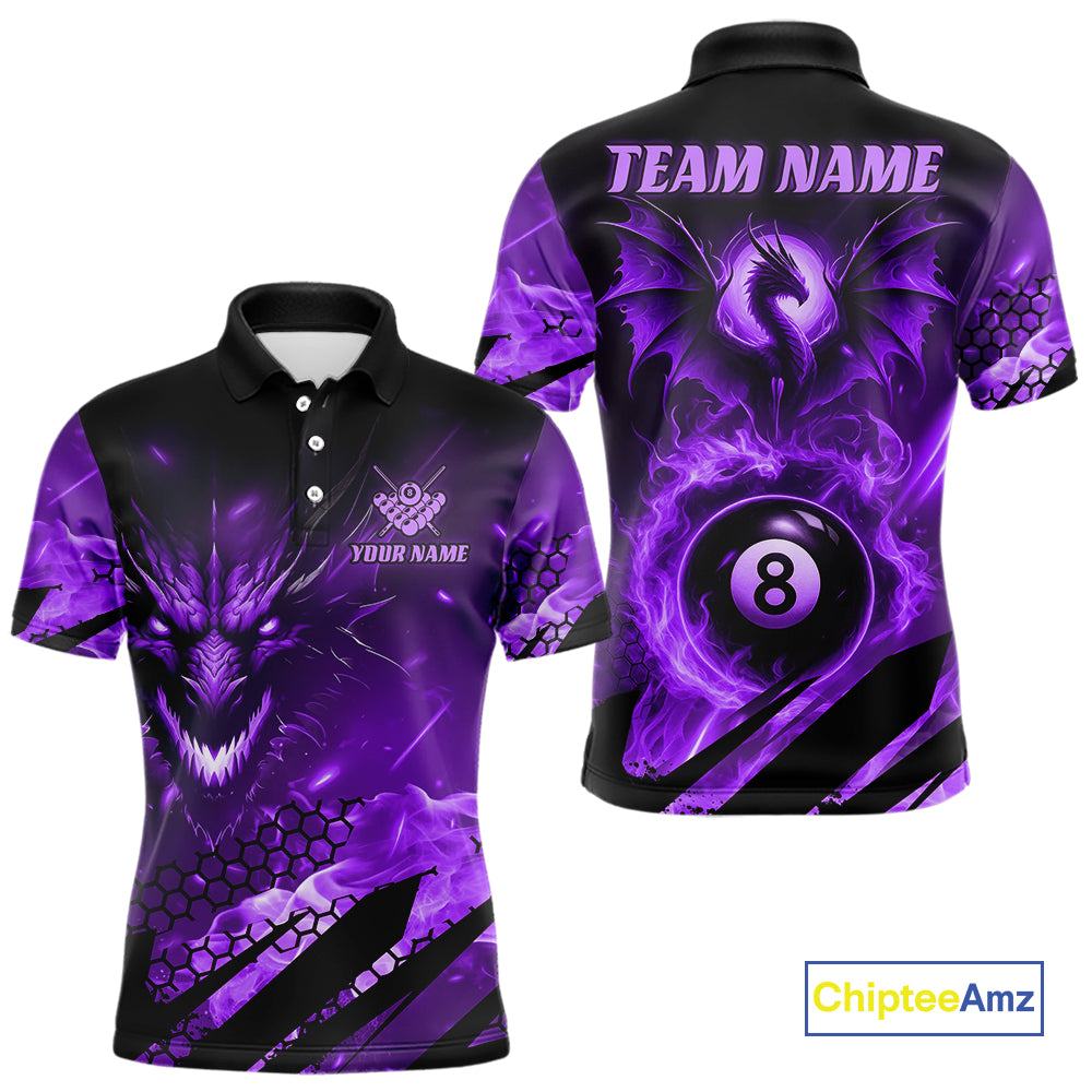 Personalized Purple Flame Dragon 8 Ball Billiard Shirt For Men, Pool Team Jersey Polo & 1/4 Zip TDM4401