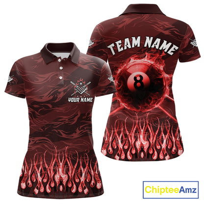 Personalized Red Flaming 8 Ball Pool Fire Billiard Polo Shirt Featuring Dynamic Flame Artwork for Pool League Players, Team Matches, and Tournament Competition