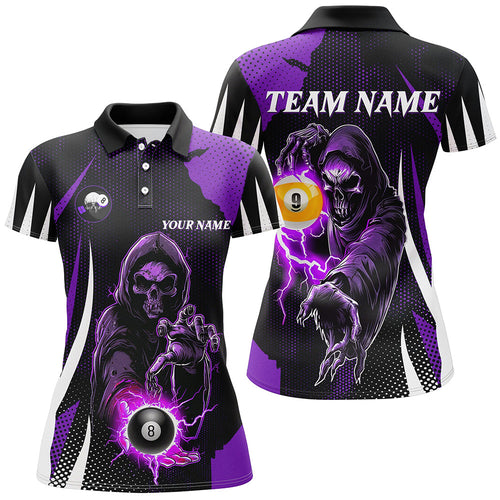 Funny Purple Death Skeleton 8 Ball & 9 Ball Billiard Shirts For Women Custom League Billiard Jerseys TDM2285