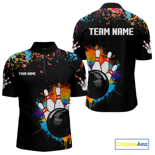 Personalized Colorful Paint Splash Bowling Shirt For Men, Funny Bowling Team Jersey Polo, 1/4 Zip TDM4637