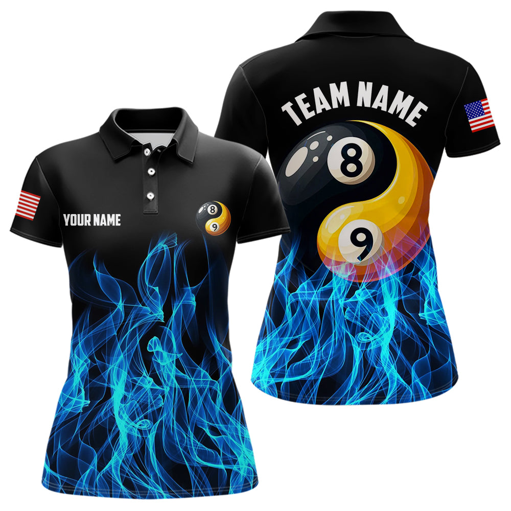 Blue Flaming Ying And Yang 8 Ball & 9 Ball Billiard Shirts For Women Custom Pool Billiard Jerseys TDM3617