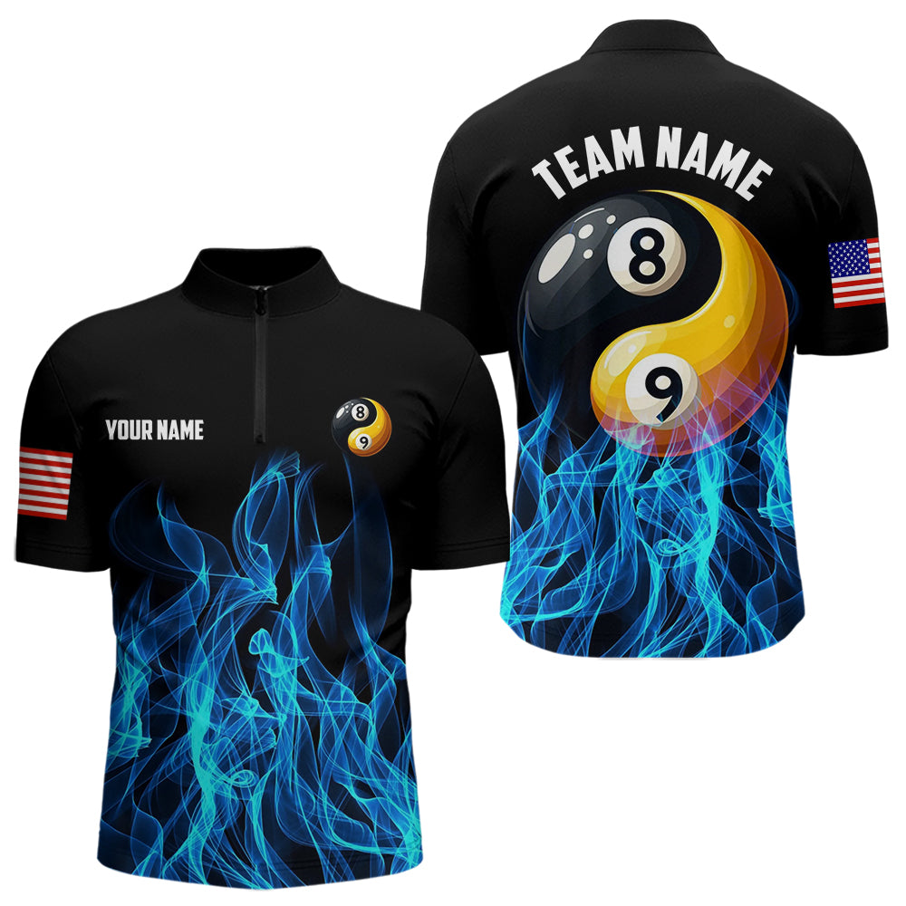 Blue Flaming Ying And Yang 8 Ball & 9 Ball Billiard Shirts For Men Custom Pool Billiard Jerseys TDM3617