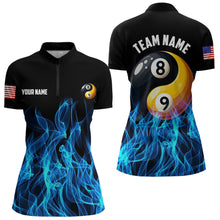 Load image into Gallery viewer, Blue Flaming Ying And Yang 8 Ball &amp; 9 Ball Billiard Shirts For Women Custom Pool Billiard Jerseys TDM3617