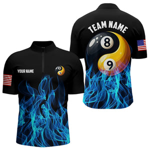 Blue Flaming Ying And Yang 8 Ball & 9 Ball Billiard Shirts For Men Custom Pool Billiard Jerseys TDM3617