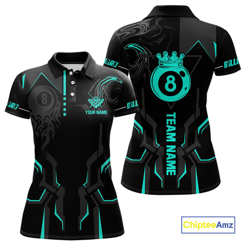 Custom 8 Ball Pool Crown Women Billiard Shirts, Turquoise And Black Billiard Team Shirt, Pool Jersey TDM4052
