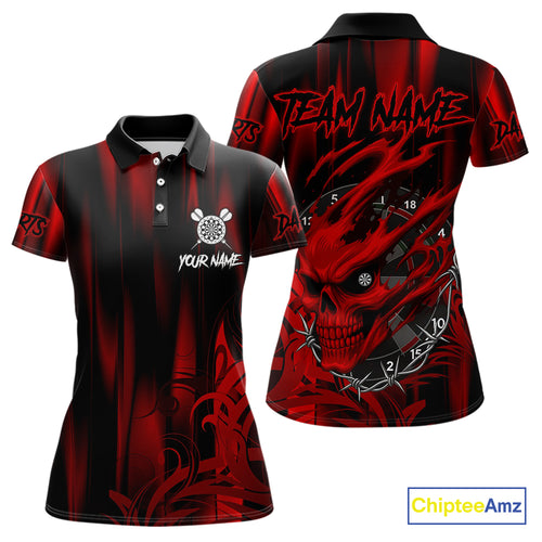 Personalized Skull Darts Shirt For Women Custom Black And Red Darts Team Jerseys Polo & 1/4 Zip TDM4403