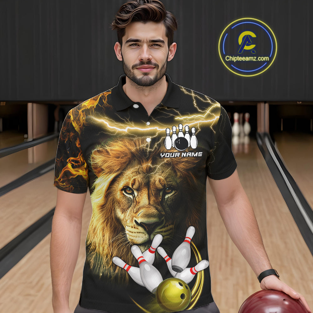 Man wearing personalized yellow lightning thunder lion bowling team jersey polo shirt featuring yellow lightning lion artwork, front view.