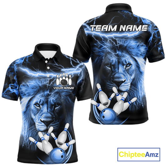 Personalized blue lightning thunder lion bowling team jersey polo shirt for men featuring a fierce lion with blue lightning artwork, premium custom bowling team apparel.