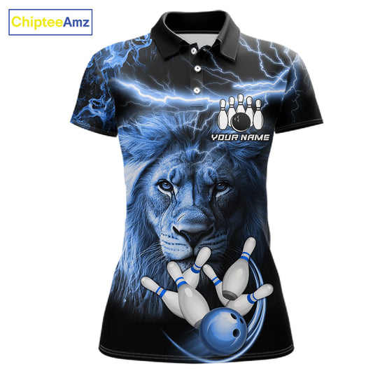 Personalized blue lightning thunder lion bowling team jersey polo shirt for women featuring a fierce lion with blue lightning artwork, premium custom bowling team apparel.