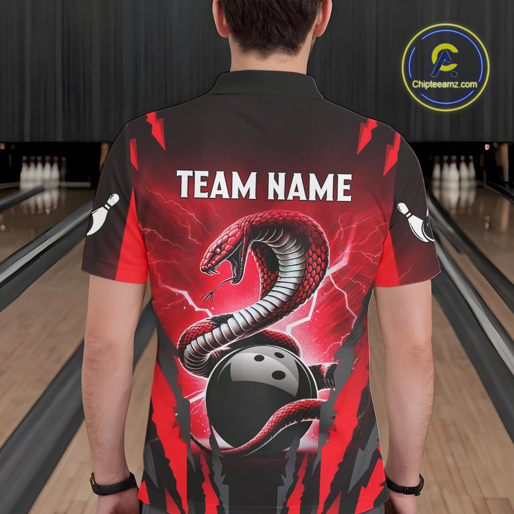 Personalized Thunder Lightning Cobra Snake Bowling Shirts For Men, Red Bowling Team Jersey TDM4644