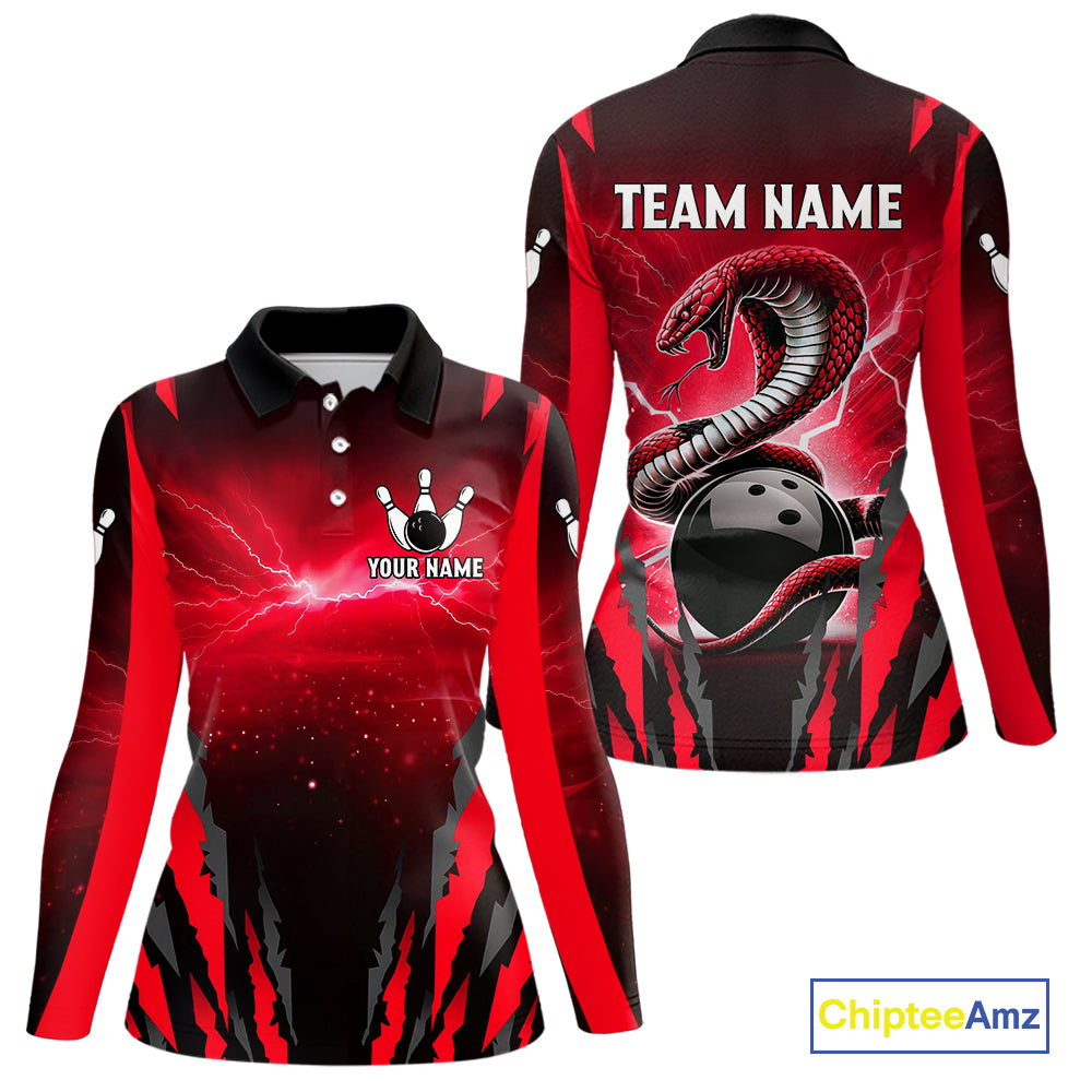 Personalized Thunder Lightning Cobra Snake Bowling Shirts For Women, Red Bowling Team Jersey TDM4644