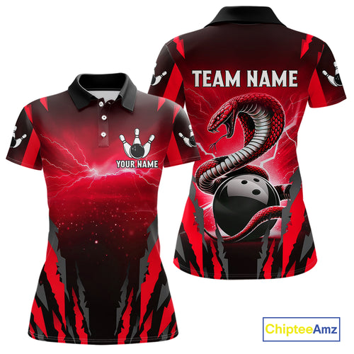Personalized Thunder Lightning Cobra Snake Bowling Shirts For Women, Red Bowling Team Jersey TDM4644