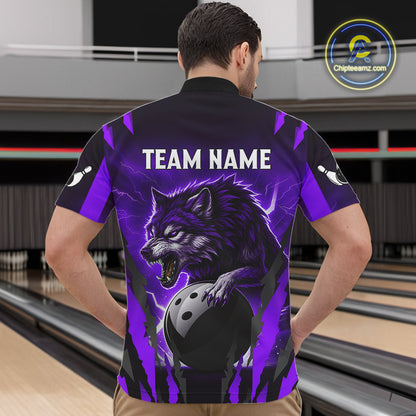 Purple Thunder Lightning Custom Wolf Bowling Shirts For Men, Bowling Team Jersey Polo & 1/4 Zip TDM4646