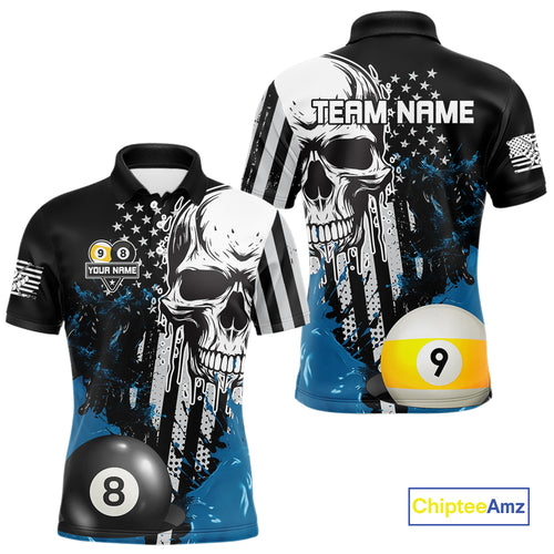 Personalized 8 & 9 Ball Pool Skull Billiard Shirt For Men Custom Grunge Billiard Team Jersey |Blue TDM4649