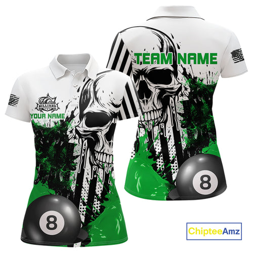 Personalized Green Grunge Skull Billiards Shirts For Women Custom Retro Billiard Team Jerseys Attire TDM4650