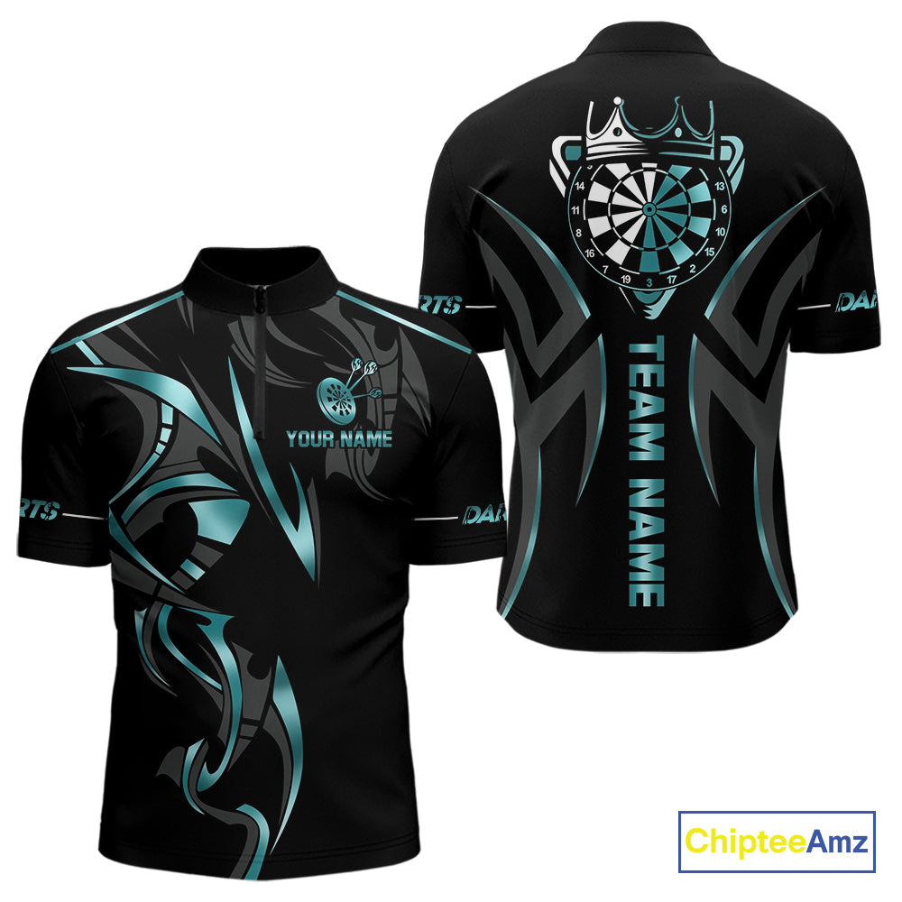 Black And Turquoise Dartboard Crown Dart Shirts For Men Custom Dart Jersey Team Polo & Quarter Zip TDM4061
