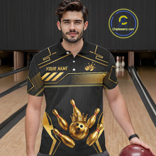 Load image into Gallery viewer, Black And Gold Custom Crown Bowling Ball Polo &amp; Quarter Zip For Men, Bowling League Team Jersey TDM6569
