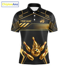 Load image into Gallery viewer, Black And Gold Custom Crown Bowling Ball Polo &amp; Quarter Zip For Men, Bowling League Team Jersey TDM6569