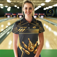 Load image into Gallery viewer, Black And Gold Custom Crown Bowling Ball Polo &amp; Quarter Zip For Women, Bowling League Team Jersey TDM6569