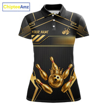 Load image into Gallery viewer, Black And Gold Custom Crown Bowling Ball Polo &amp; Quarter Zip For Women, Bowling League Team Jersey TDM6569