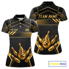 Load image into Gallery viewer, Black And Gold Custom Crown Bowling Ball Polo &amp; Quarter Zip For Women, Bowling League Team Jersey TDM6569