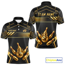 Load image into Gallery viewer, Black And Gold Custom Crown Bowling Ball Polo &amp; Quarter Zip For Men, Bowling League Team Jersey TDM6569