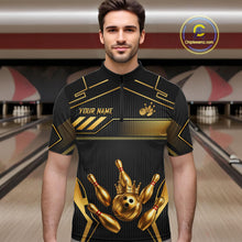 Load image into Gallery viewer, Black And Gold Custom Crown Bowling Ball Polo &amp; Quarter Zip For Men, Bowling League Team Jersey TDM6569