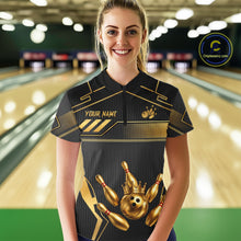 Load image into Gallery viewer, Black And Gold Custom Crown Bowling Ball Polo &amp; Quarter Zip For Women, Bowling League Team Jersey TDM6569