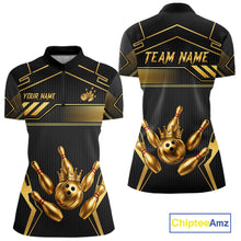 Load image into Gallery viewer, Black And Gold Custom Crown Bowling Ball Polo &amp; Quarter Zip For Women, Bowling League Team Jersey TDM6569