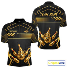 Load image into Gallery viewer, Black And Gold Custom Crown Bowling Ball Polo &amp; Quarter Zip For Men, Bowling League Team Jersey TDM6569