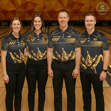 Load image into Gallery viewer, Black And Gold Custom Crown Bowling Ball Polo &amp; Quarter Zip For Men, Bowling League Team Jersey TDM6569