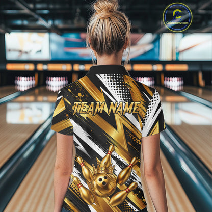 Custom Black And Gold Bowling Jersey For Women, Crown Bowling Team Shirts Polo & Quarter Zip Shirts TDM6570