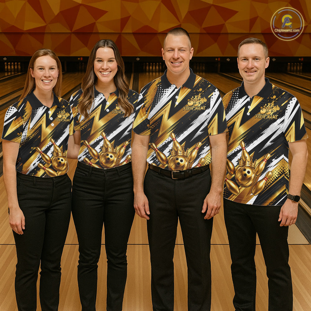 Custom Black And Gold Bowling Jersey For Women, Crown Bowling Team Shirts Polo & Quarter Zip Shirts TDM6570