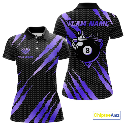 Black And Purple Scratch Billiard Shirt For Women Custom 8 Ball Crown Pool Team Jersey Polo, 1/4 Zip TDM4240