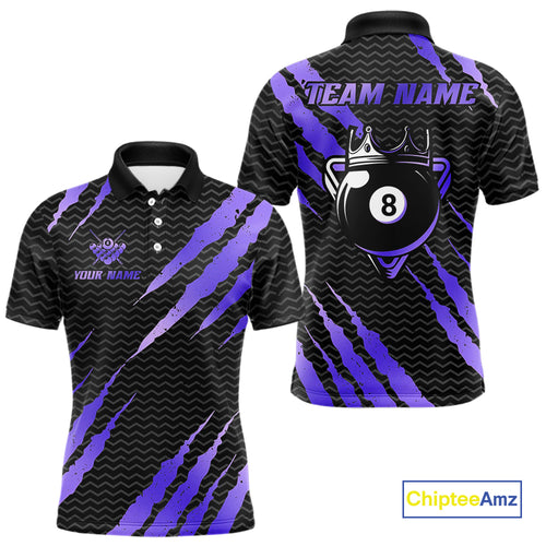 Black And Purple Scratch Billiard Shirt For Men Custom 8 Ball Crown Pool Team Jersey Polo, 1/4 Zip TDM4240