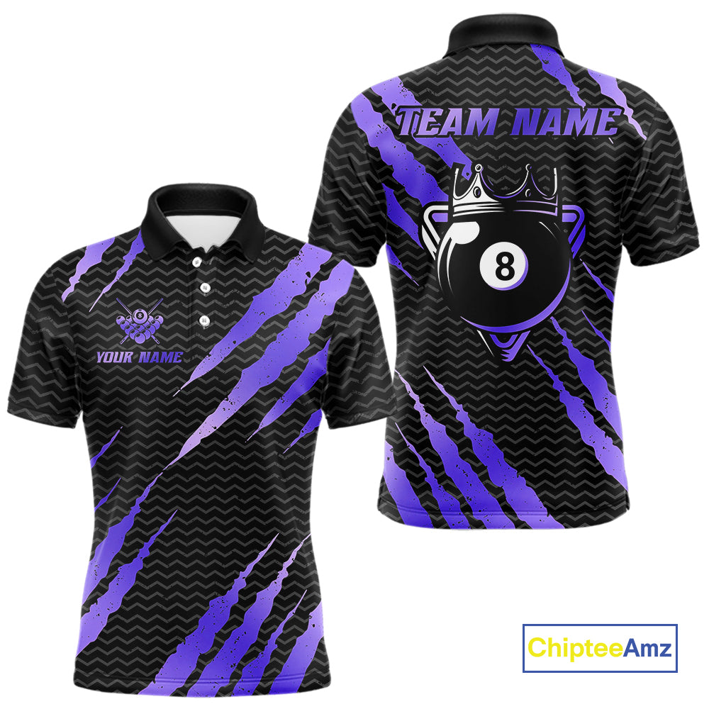 Black And Purple Scratch Billiard Shirt For Men Custom 8 Ball Crown Pool Team Jersey Polo, 1/4 Zip TDM4240