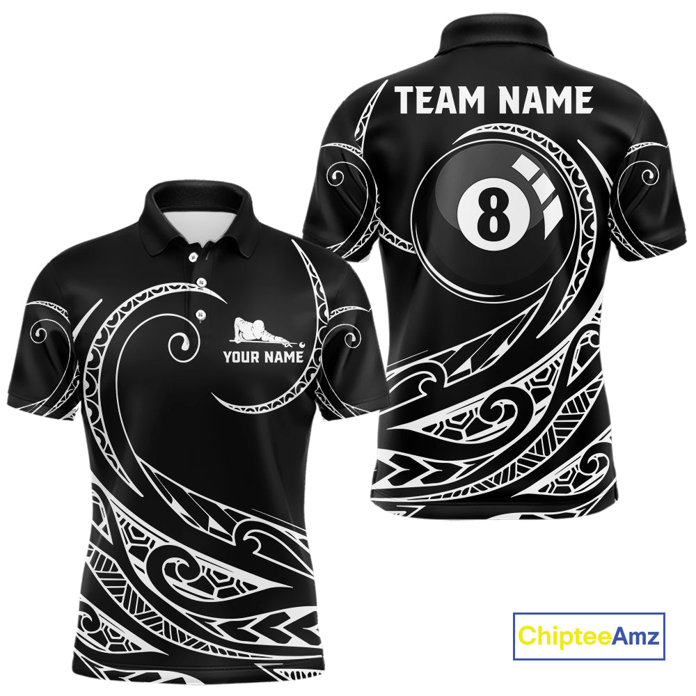 Black White 8 Ball Pool Tribal Billiard Shirt For Men Custom Billiard Team Jersey Polo & 1/4 Zip TDM4411