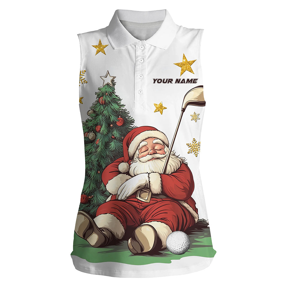 Funny Santa Lying Beside Pine Tree Christmas Women Sleeveless Polo Shirts Custom Christmas Golf Top TDM3057