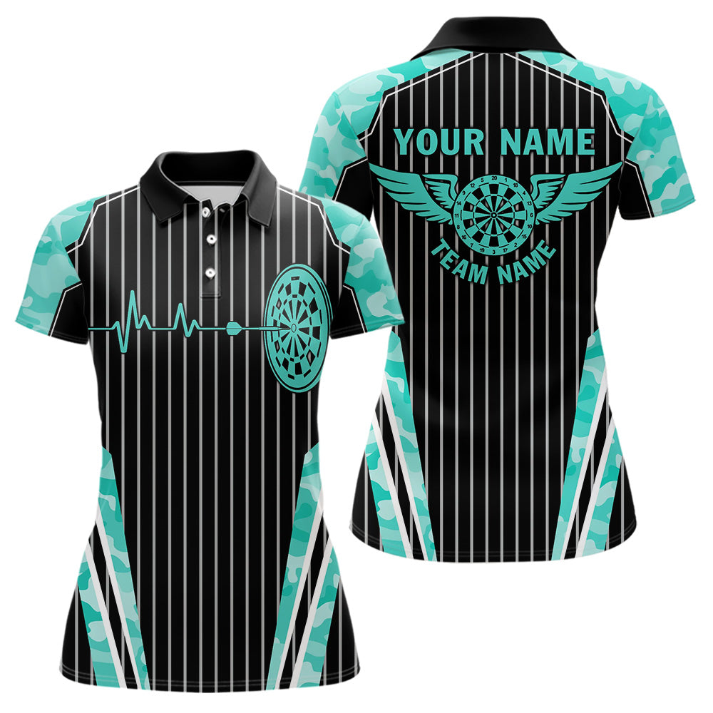 Turquoise Camo Dartboard Pulse Heartbeat Custom Women Dart Shirts, Funny Wings Cool Dart Team Jerseys TDM3618