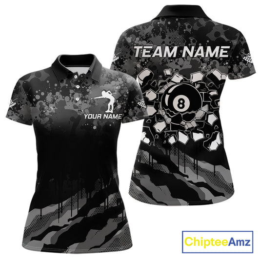 Personalized Grunge Camo Billiard Shirts For Women, Funny 8 Ball Pool Team Jersey Polo & 1/4 Zip TDM6155
