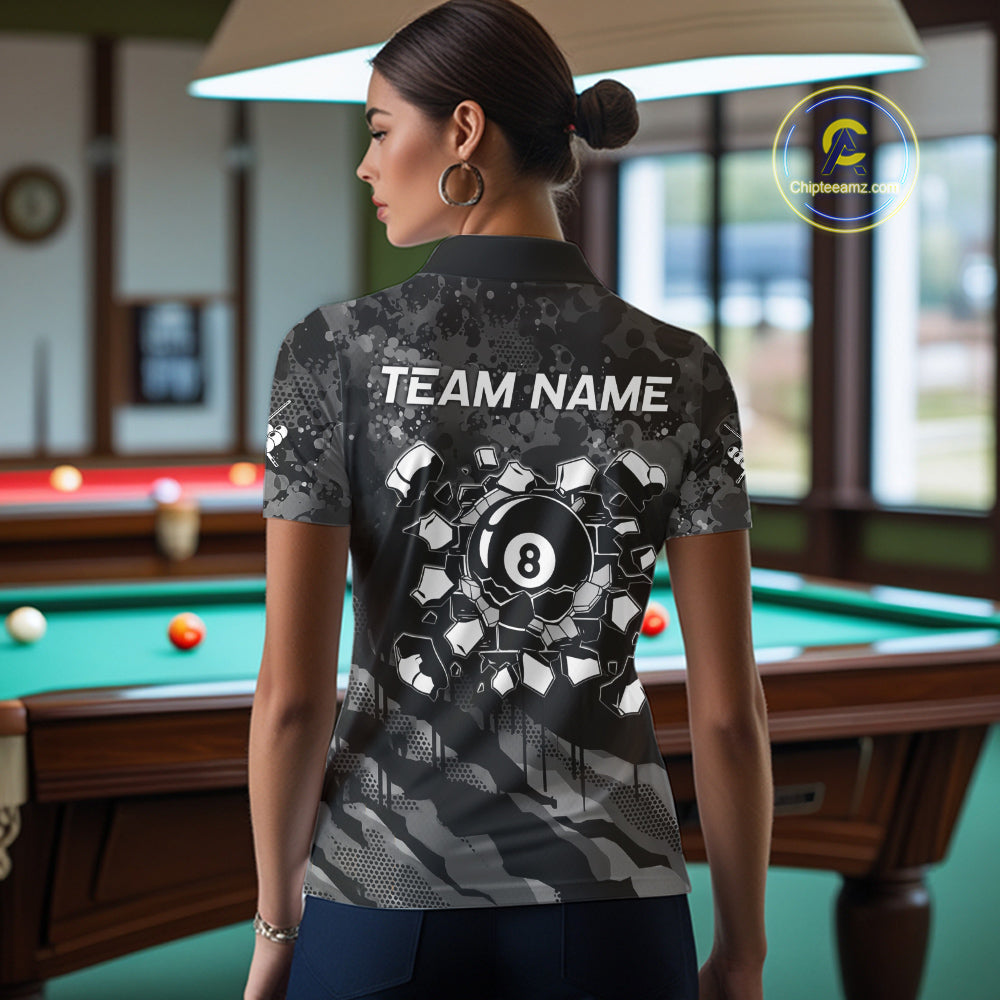 Personalized Grunge Camo Billiard Shirts For Women, Funny 8 Ball Pool Team Jersey Polo & 1/4 Zip TDM6155