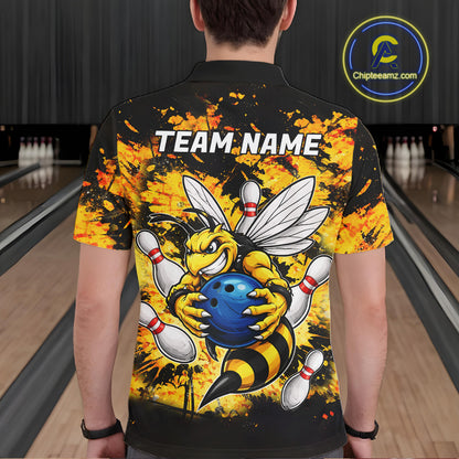 Funny Bee Custom Grunge Yellow Black Bowling Shirt For Men, Bowling Team Jersey Polo & 1/4 Zip TDM6162