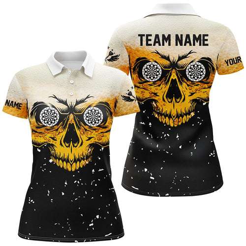 Custom Grunge Yellow Black Skull Darts Women Polo Shirts, Personalized Team League Darts Shirts TDM1514