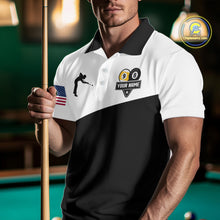 Load image into Gallery viewer, Man wearing a personalized 8 ball and 9 ball custom billiard jersey front view, pool tournament team shirt.