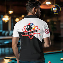 Load image into Gallery viewer, Back view of man wearing an 8 ball and 9 ball billiard team jersey, custom pool tournament apparel.