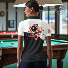Load image into Gallery viewer, Back view of woman wearing an 8 ball and 9 ball billiard team jersey, custom pool tournament apparel.