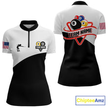 Load image into Gallery viewer, 8 ball and 9 ball quarter zip billiard shirt for women, custom pool team jersey and tournament apparel.
