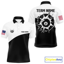 Load image into Gallery viewer, Black and white 8 ball custom billiard polo shirt for men, personalized pool team jersey for tournaments.